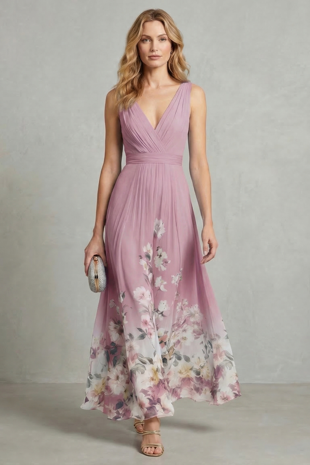 Mabel | Maxi Dress Blue Floral Chiffon V-Neck Sleeveless for Women