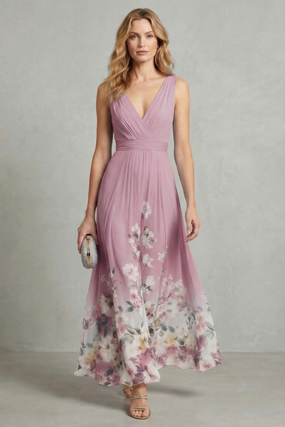 Mabel | Maxi Dress Blue Floral Chiffon V-Neck Sleeveless for Women