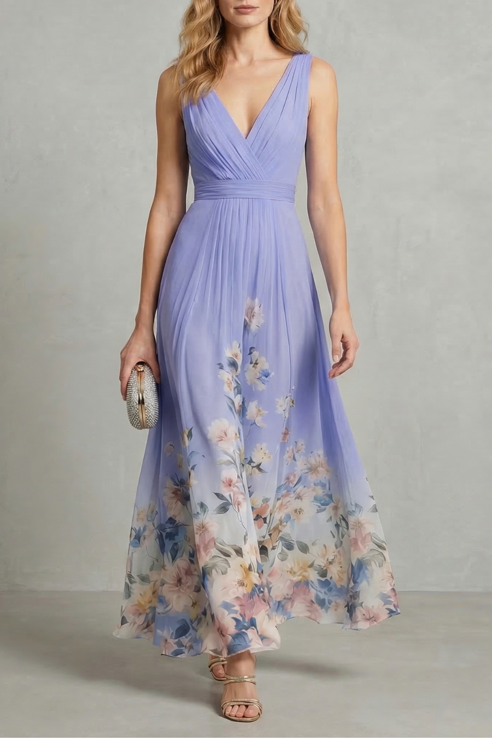 Mabel | Maxi Dress Blue Floral Chiffon V-Neck Sleeveless for Women