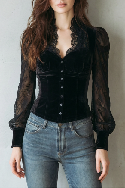 Phoebe | Blouse Black Velvet Lace Sleeve Corset Button-Front for Women