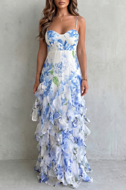 Elodie | Maxi Dress Blue White Floral Chiffon Ruffle Spaghetti Strap for Women
