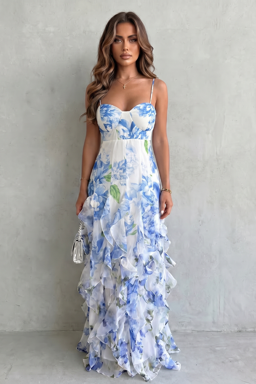 Elodie | Maxi Dress Blue White Floral Chiffon Ruffle Spaghetti Strap for Women