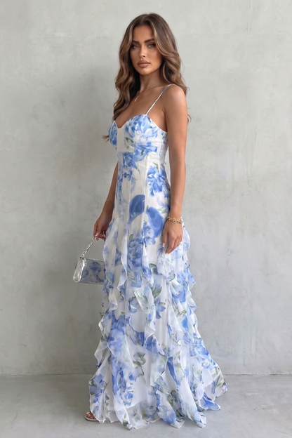Elodie | Maxi Dress Blue White Floral Chiffon Ruffle Spaghetti Strap for Women