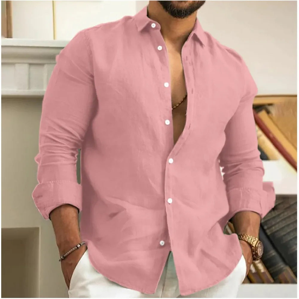 George | Linen Shirt Stone Button-Down Long Sleeve for Men