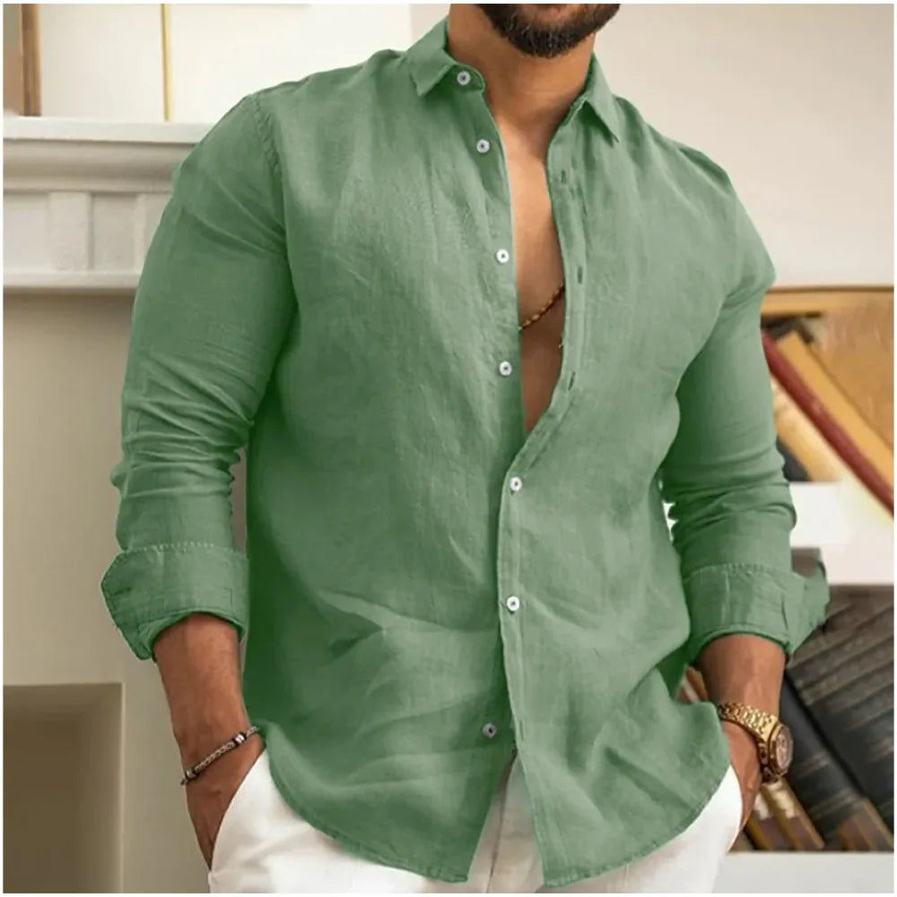 George | Linen Shirt Stone Button-Down Long Sleeve for Men