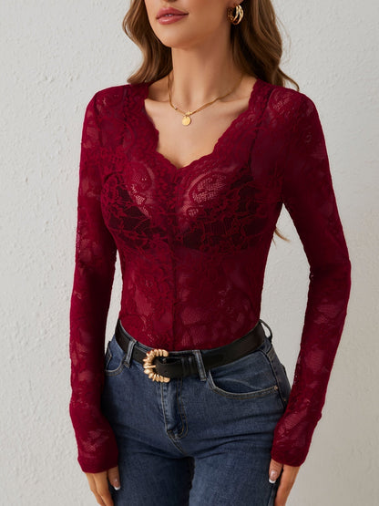 Gwendolin | Bodysuit Deep Red Lace Long Sleeve V-Neck for Women