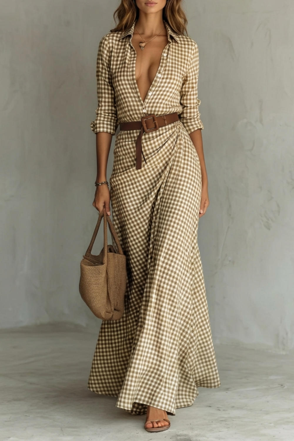 Rosalind | Maxi Shirt Dress Mocha Gingham Print Belted Deep V-Neck for Women