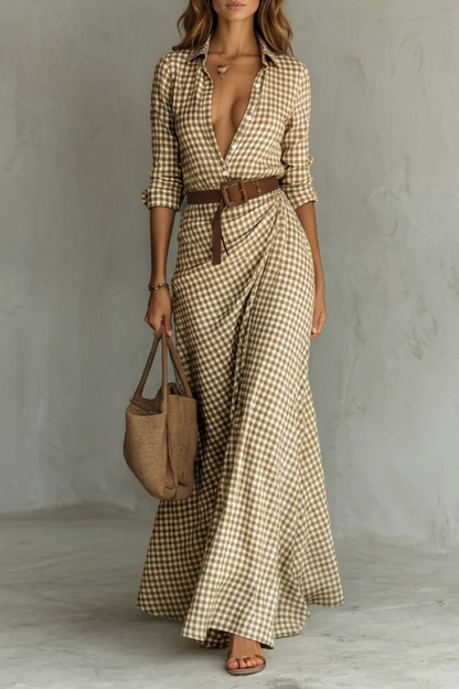 Rosalind | Maxi Shirt Dress Mocha Gingham Print Belted Deep V-Neck for Women