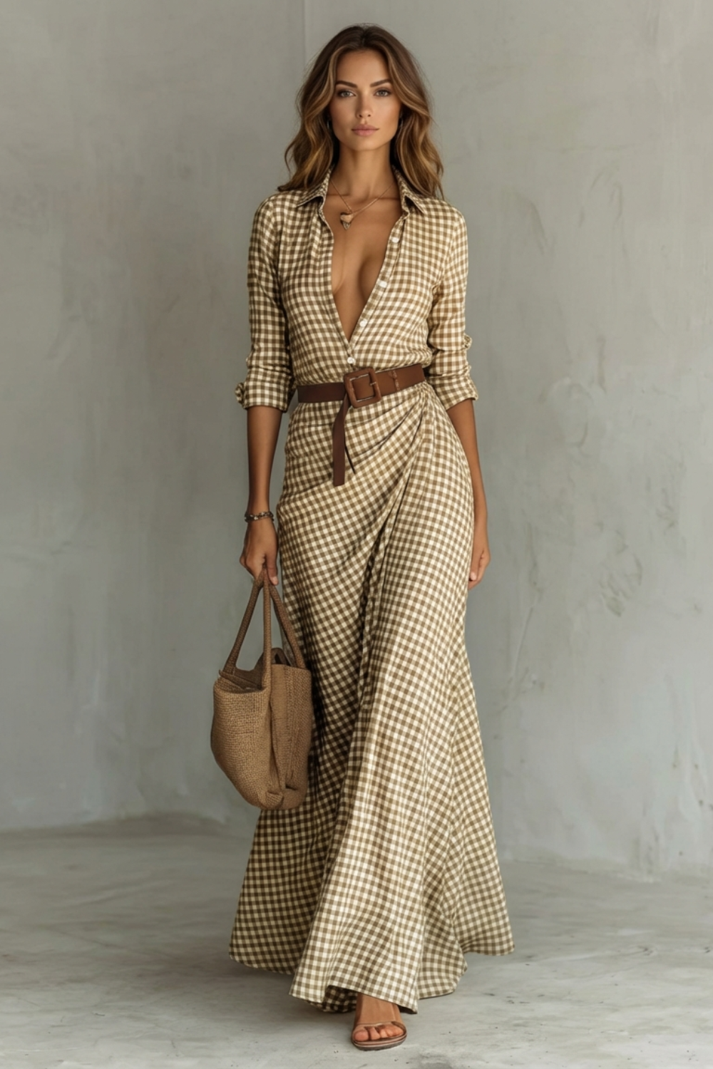 Rosalind | Maxi Shirt Dress Mocha Gingham Print Belted Deep V-Neck for Women