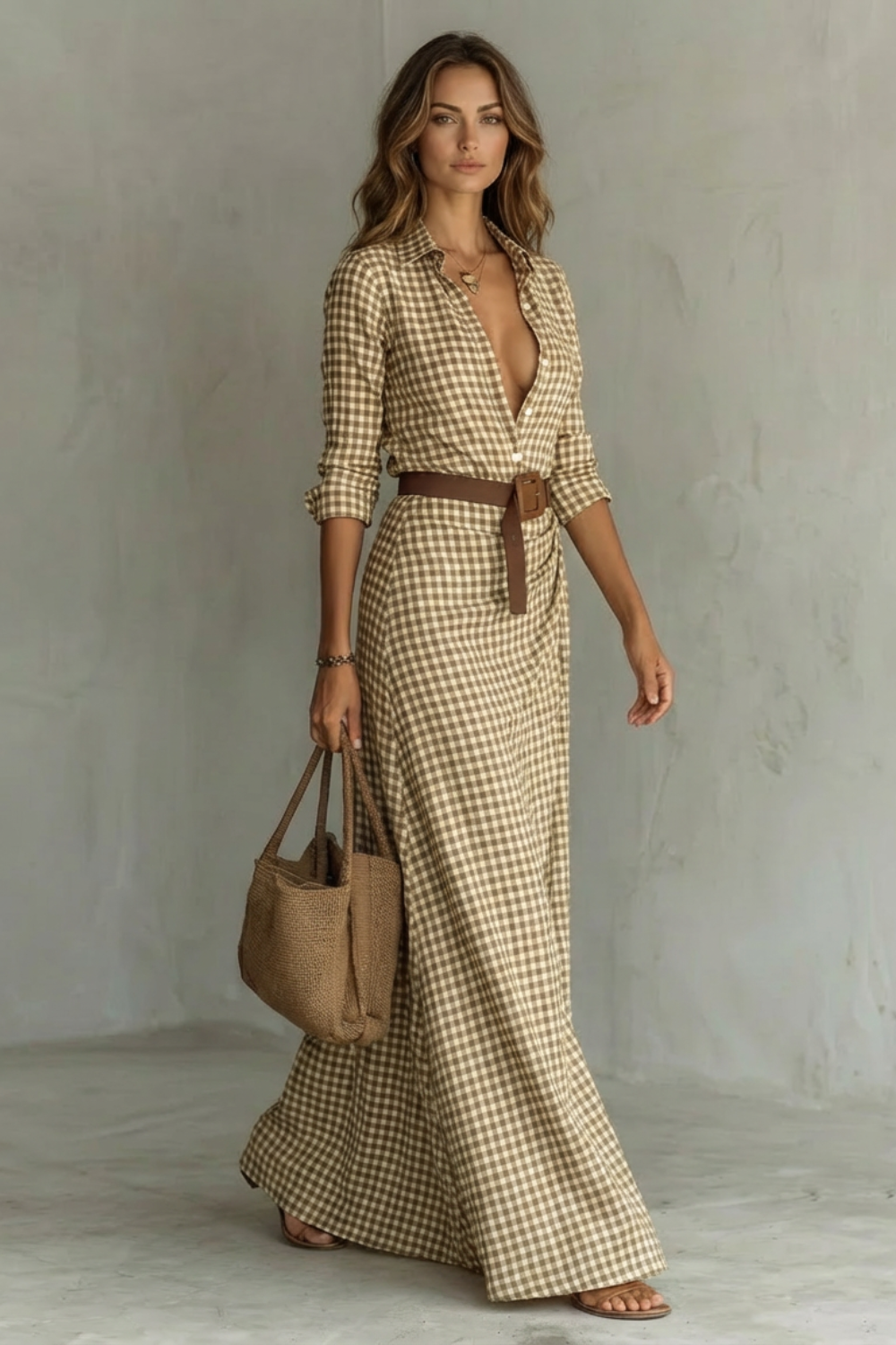 Rosalind | Maxi Shirt Dress Mocha Gingham Print Belted Deep V-Neck for Women