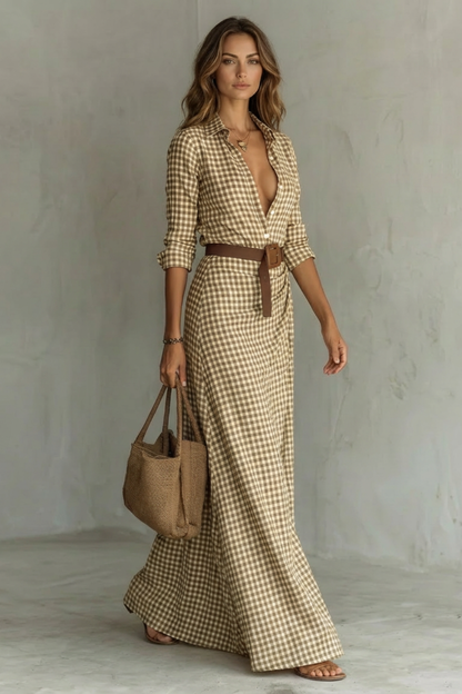 Rosalind | Maxi Shirt Dress Mocha Gingham Print Belted Deep V-Neck for Women