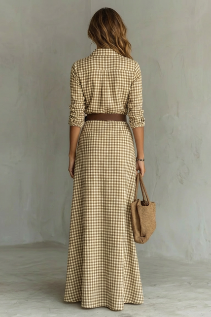 Rosalind | Maxi Shirt Dress Mocha Gingham Print Belted Deep V-Neck for Women