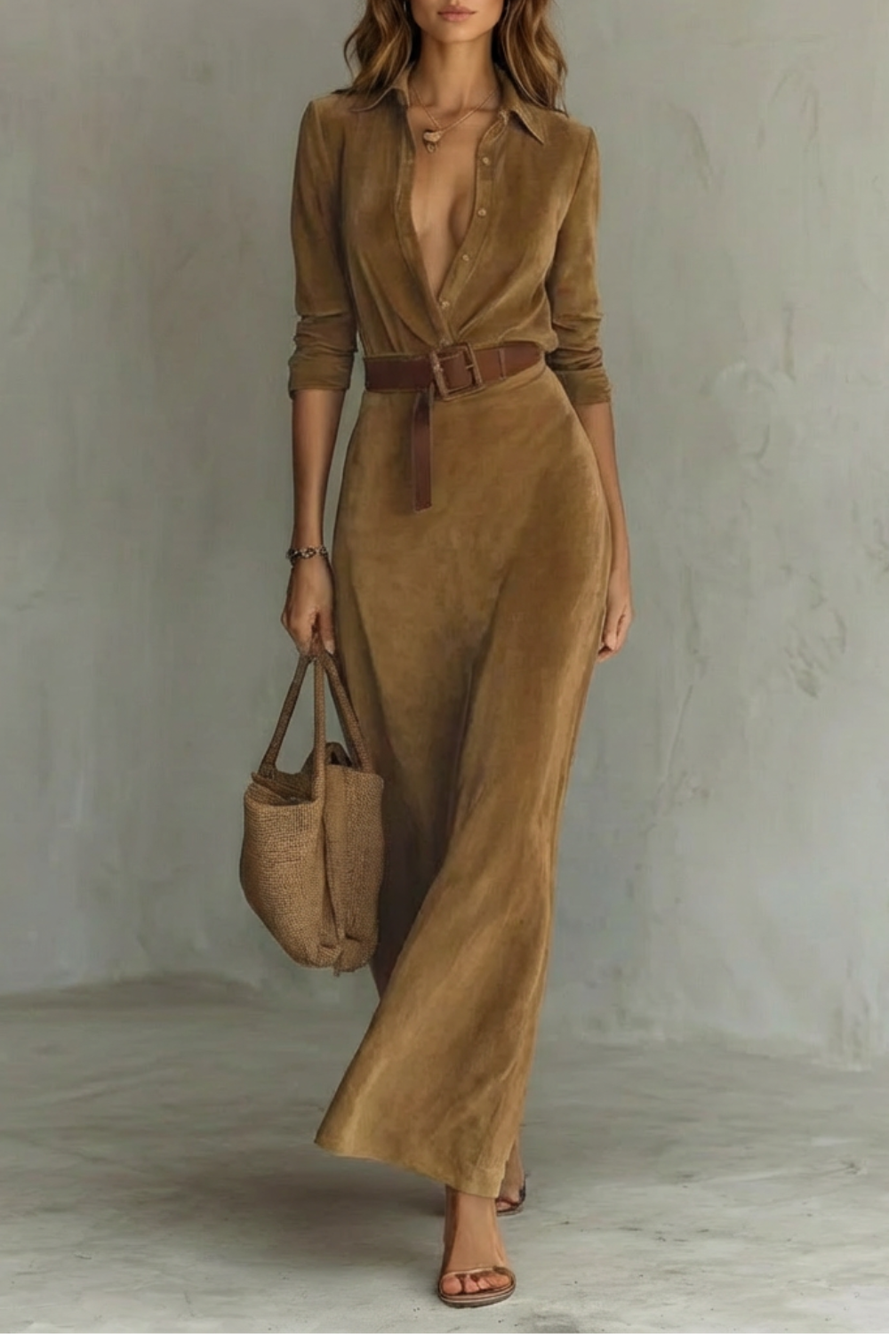 Rosalind | Maxi Shirt Dress Mocha Gingham Print Belted Deep V-Neck for Women