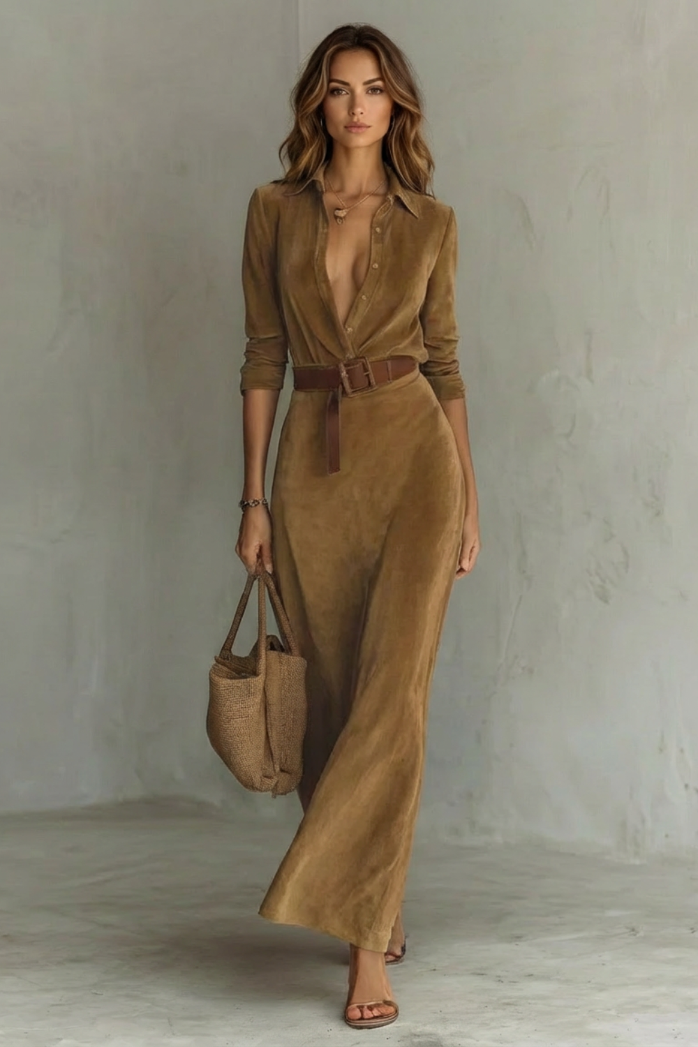 Rosalind | Maxi Shirt Dress Mocha Gingham Print Belted Deep V-Neck for Women