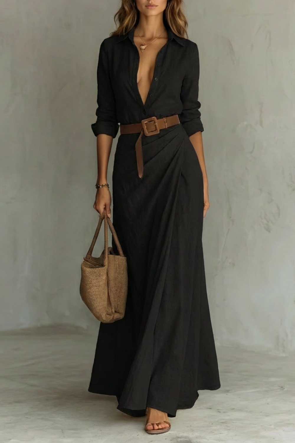 Rosalind | Maxi Shirt Dress Mocha Gingham Print Belted Deep V-Neck for Women