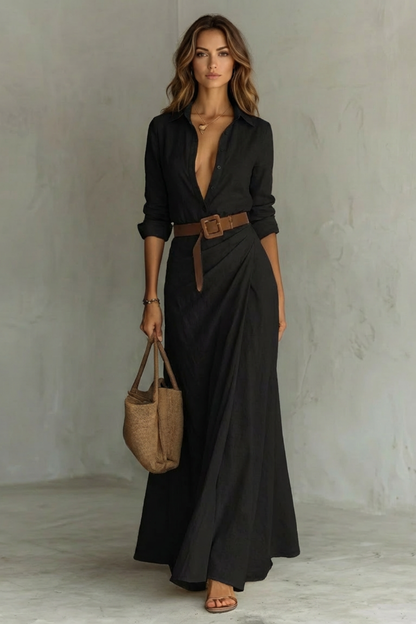 Rosalind | Maxi Shirt Dress Mocha Gingham Print Belted Deep V-Neck for Women