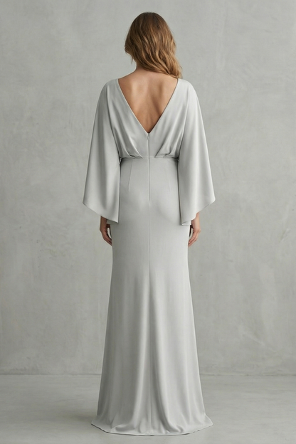 Clarissa | Maxi Dress Silver Crepe Batwing Cape Sleeve Ruched Waist for Women