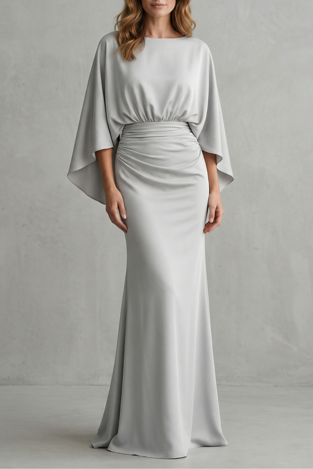 Clarissa | Maxi Dress Silver Crepe Batwing Cape Sleeve Ruched Waist for Women
