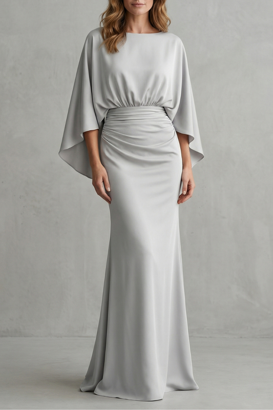 Clarissa | Maxi Dress Silver Crepe Batwing Cape Sleeve Ruched Waist for Women