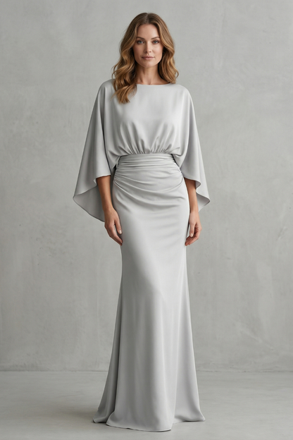 Clarissa | Maxi Dress Silver Crepe Batwing Cape Sleeve Ruched Waist for Women