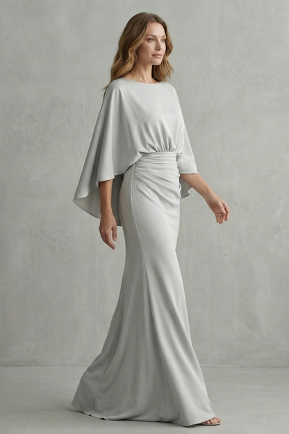 Clarissa | Maxi Dress Silver Crepe Batwing Cape Sleeve Ruched Waist for Women