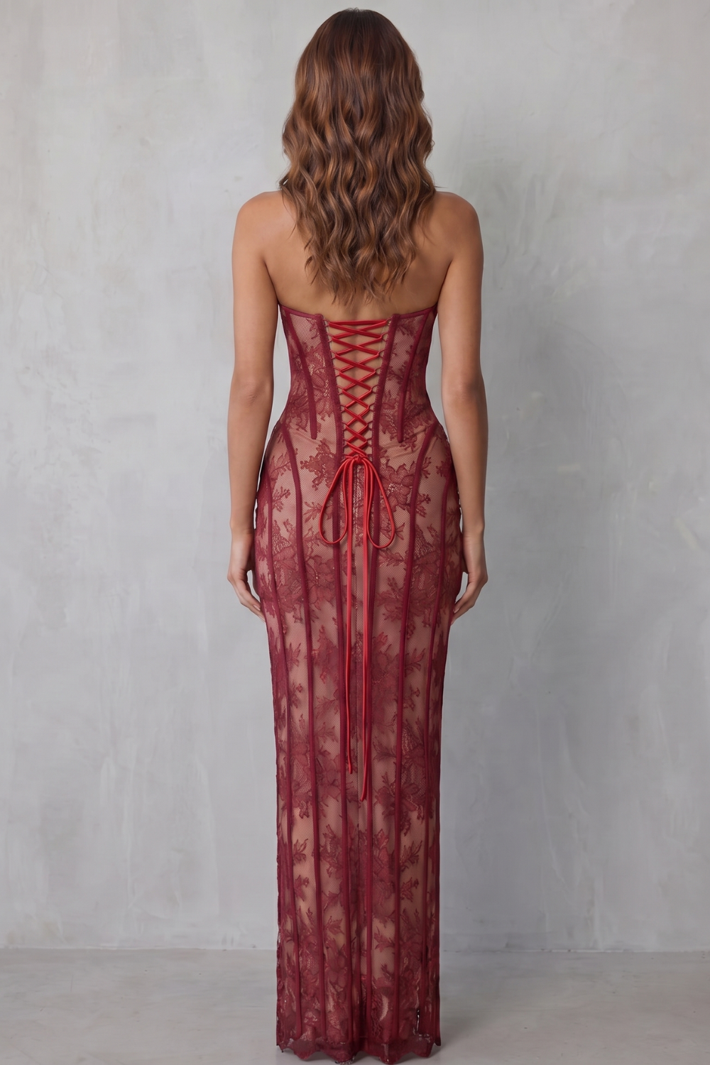Rosalind | Maxi Dress Wine Red Floral Lace Strapless Corset for Women