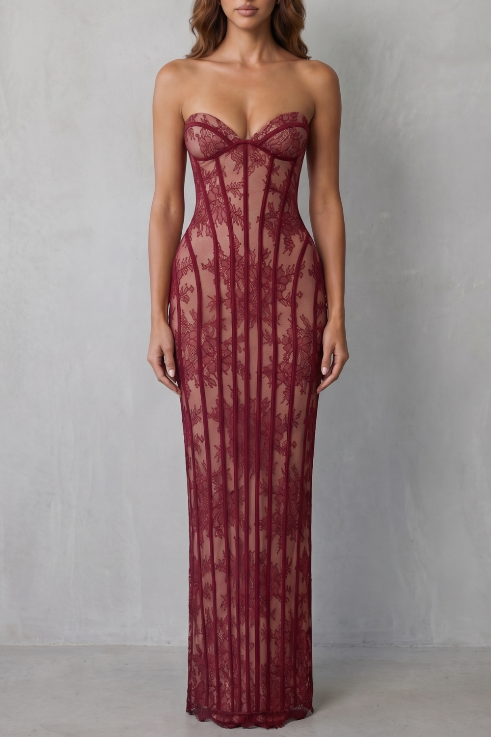 Rosalind | Maxi Dress Wine Red Floral Lace Strapless Corset for Women