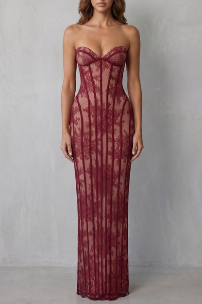 Rosalind | Maxi Dress Wine Red Floral Lace Strapless Corset for Women