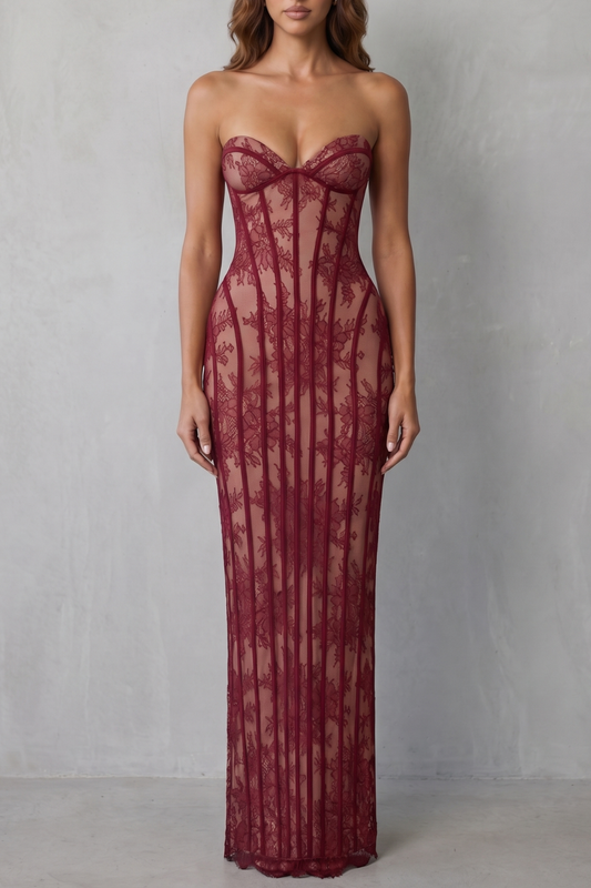 Rosalind | Maxi Dress Wine Red Floral Lace Strapless Corset for Women