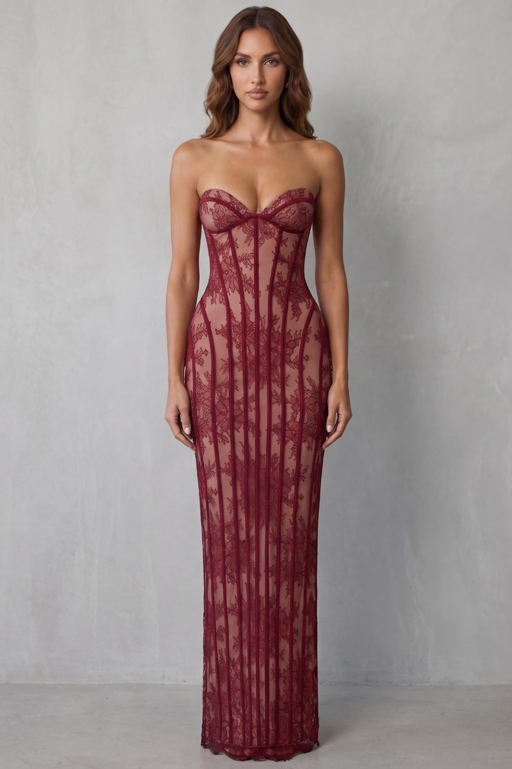 Rosalind | Maxi Dress Wine Red Floral Lace Strapless Corset for Women