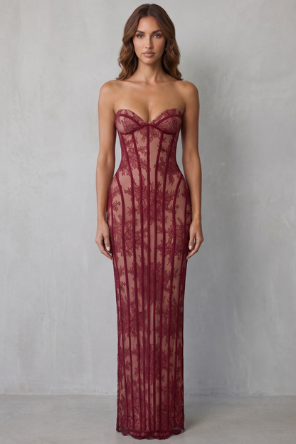 Rosalind | Maxi Dress Wine Red Floral Lace Strapless Corset for Women