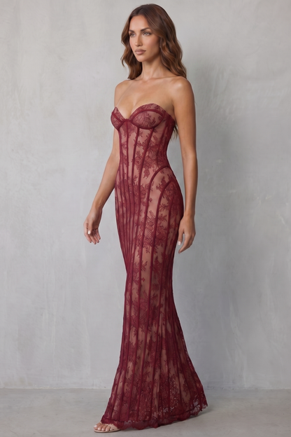 Rosalind | Maxi Dress Wine Red Floral Lace Strapless Corset for Women