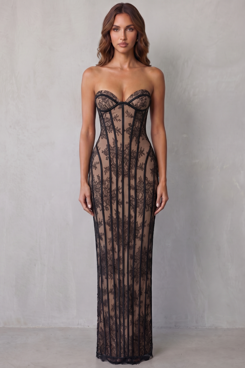 Rosalind | Maxi Dress Wine Red Floral Lace Strapless Corset for Women