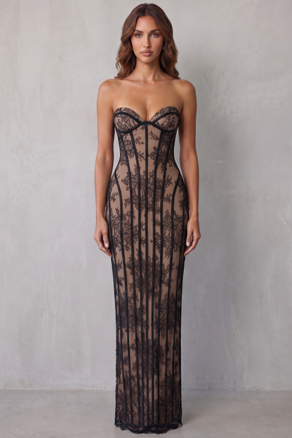 Rosalind | Maxi Dress Wine Red Floral Lace Strapless Corset for Women