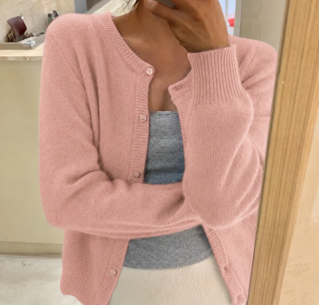 Emma | Cardigan Grey Soft Knit Button Front Round Neck for Women