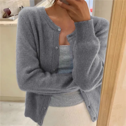Emma | Cardigan Grey Soft Knit Button Front Round Neck for Women