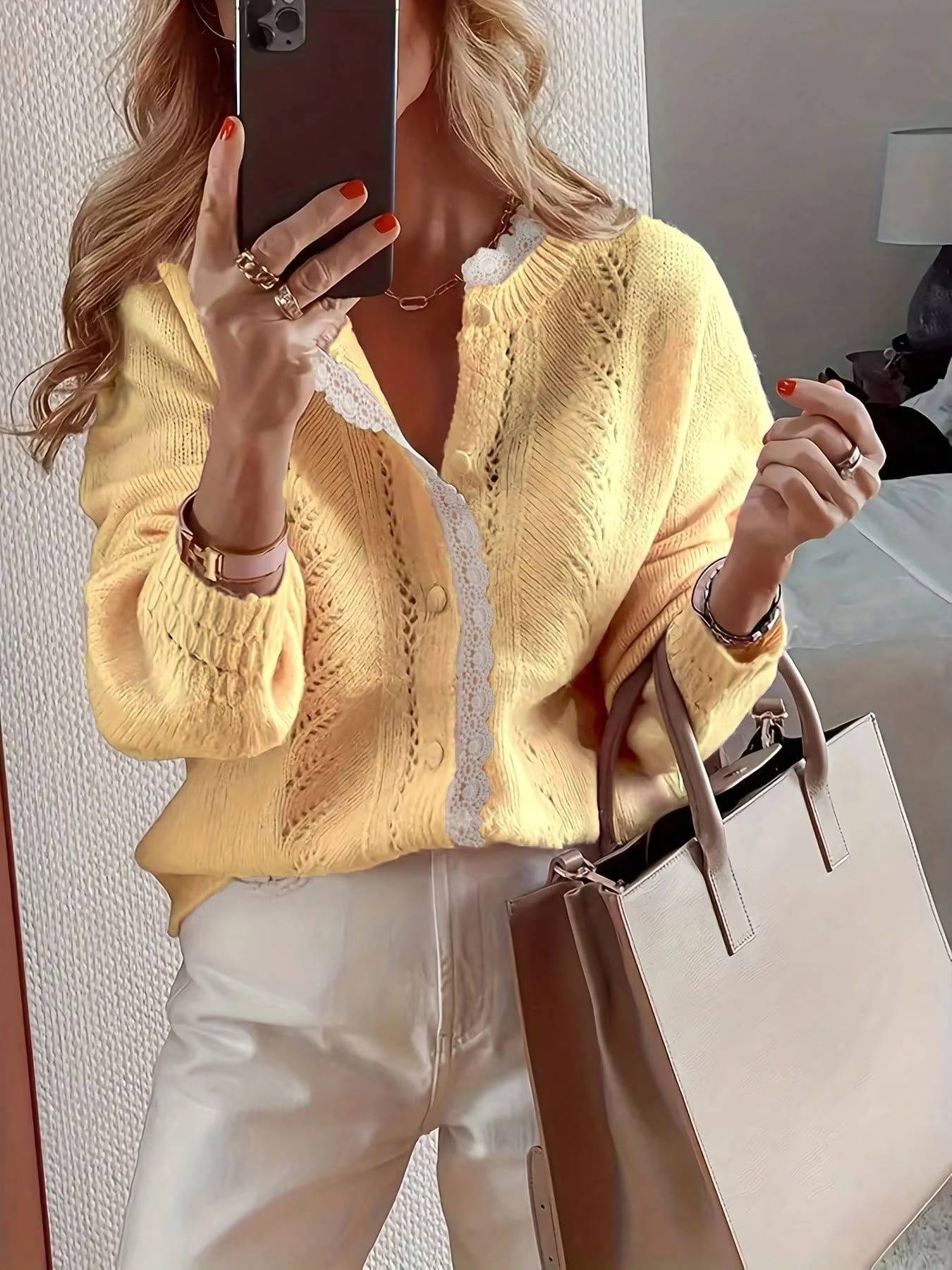 Rhonwen | Knit Cardigan Blush Pink Lace Trim Round Neck for Women