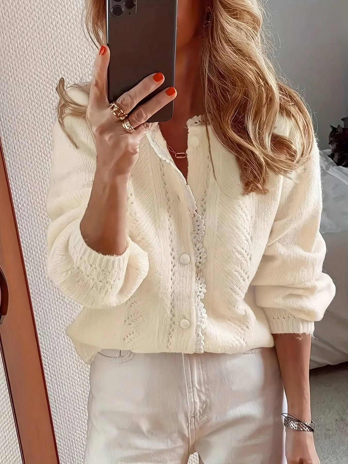 Rhonwen | Knit Cardigan Blush Pink Lace Trim Round Neck for Women