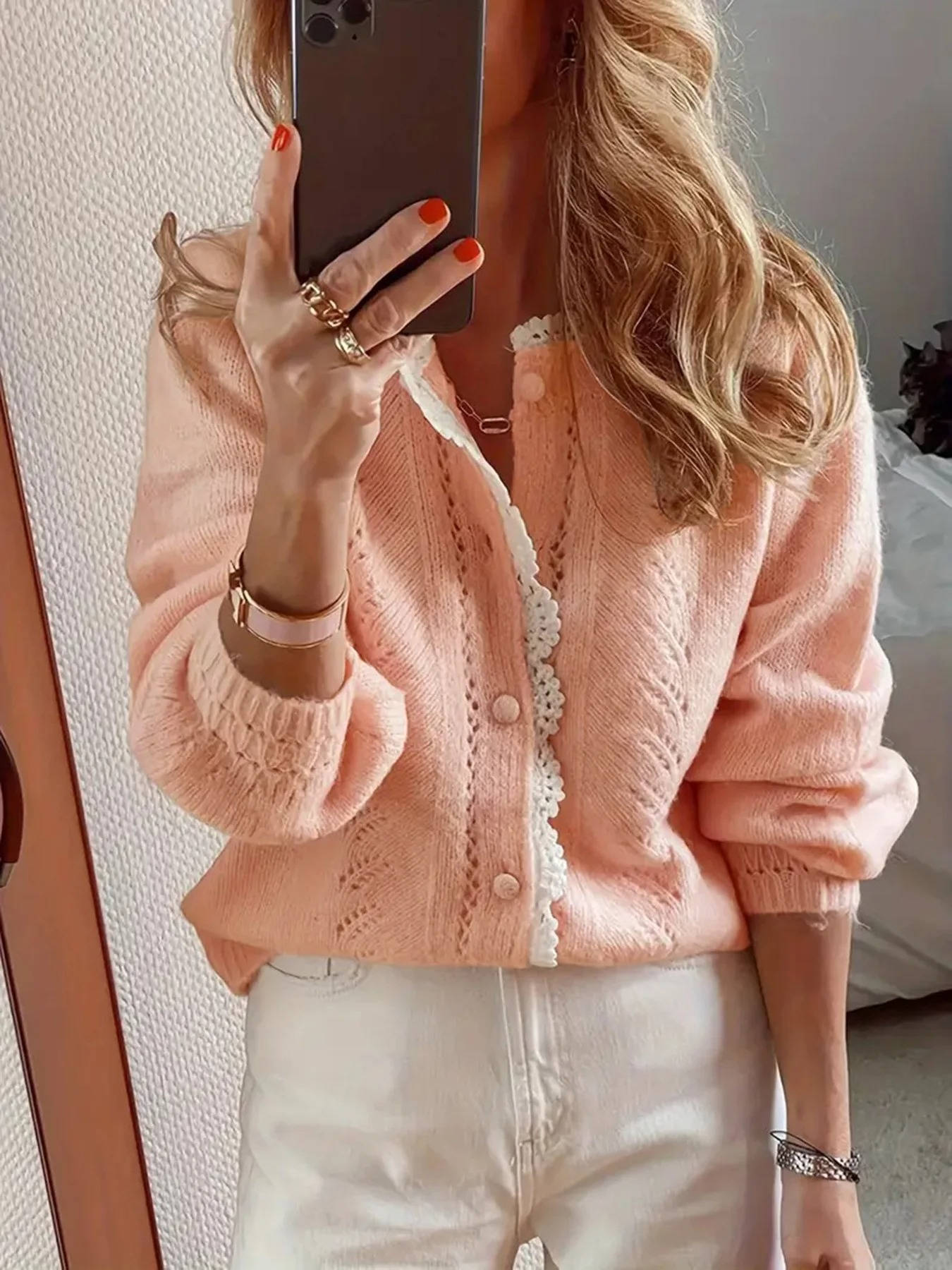 Rhonwen | Knit Cardigan Blush Pink Lace Trim Round Neck for Women
