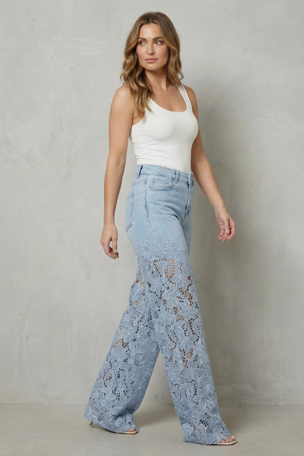 Rosalind | Wide-Leg Jeans Light Blue Denim Floral Lace Overlay High-Waisted for Women