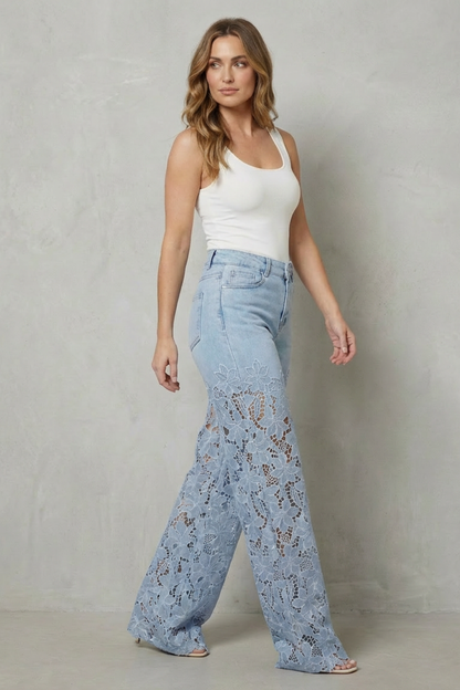 Rosalind | Wide-Leg Jeans Light Blue Denim Floral Lace Overlay High-Waisted for Women