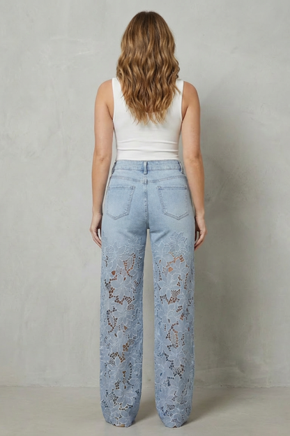Rosalind | Wide-Leg Jeans Light Blue Denim Floral Lace Overlay High-Waisted for Women