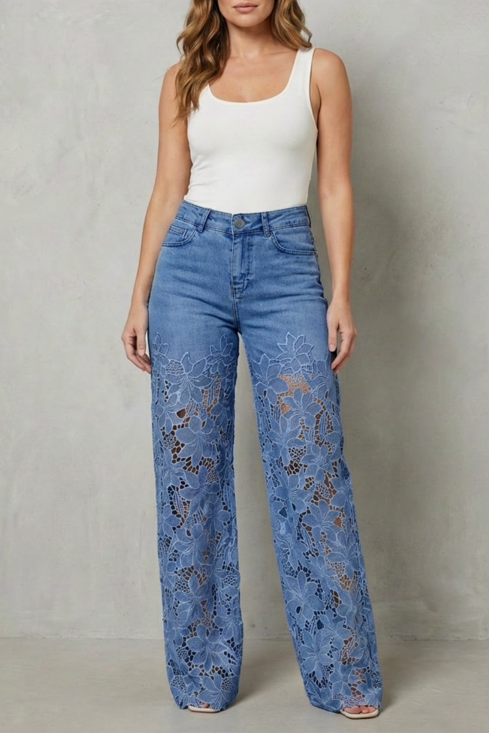 Rosalind | Wide-Leg Jeans Light Blue Denim Floral Lace Overlay High-Waisted for Women