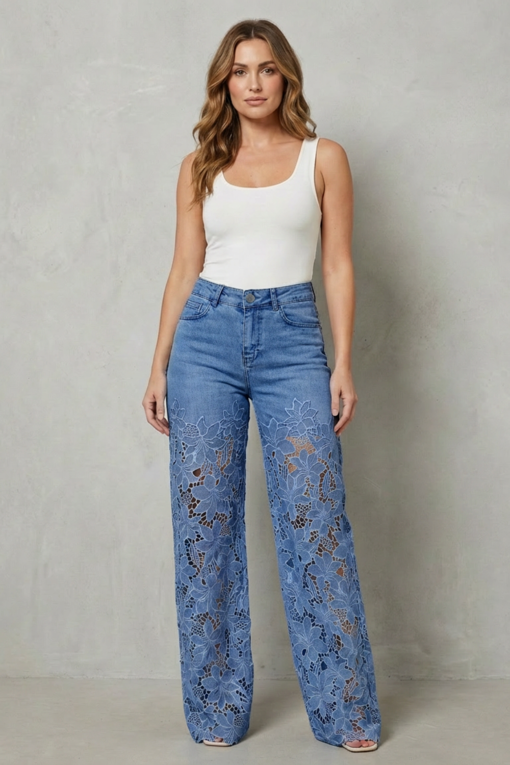 Rosalind | Wide-Leg Jeans Light Blue Denim Floral Lace Overlay High-Waisted for Women