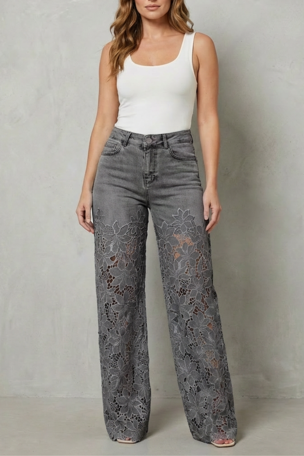 Rosalind | Wide-Leg Jeans Light Blue Denim Floral Lace Overlay High-Waisted for Women