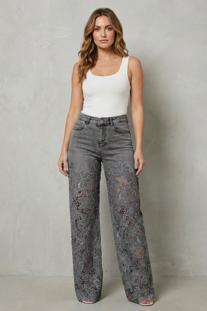 Rosalind | Wide-Leg Jeans Light Blue Denim Floral Lace Overlay High-Waisted for Women