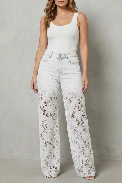Rosalind | Wide-Leg Jeans Light Blue Denim Floral Lace Overlay High-Waisted for Women