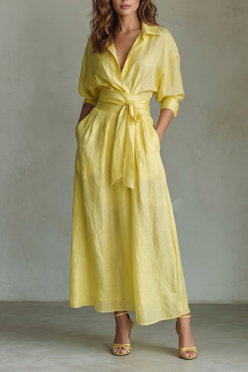 Elspeth | Maxi Shirt Dress Yellow Linen-Cotton Belted Wrap for Women