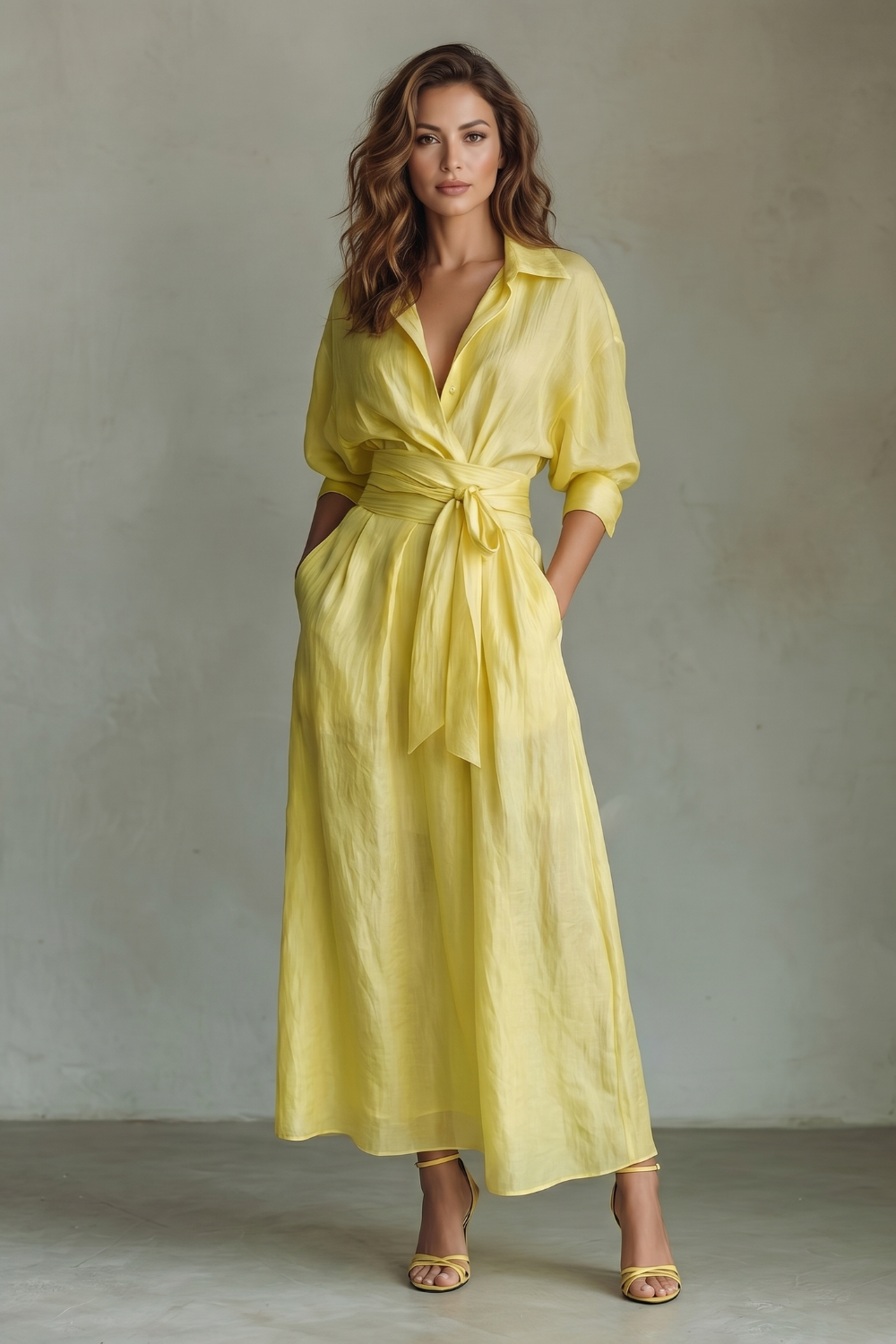 Elspeth | Maxi Shirt Dress Yellow Linen-Cotton Belted Wrap for Women