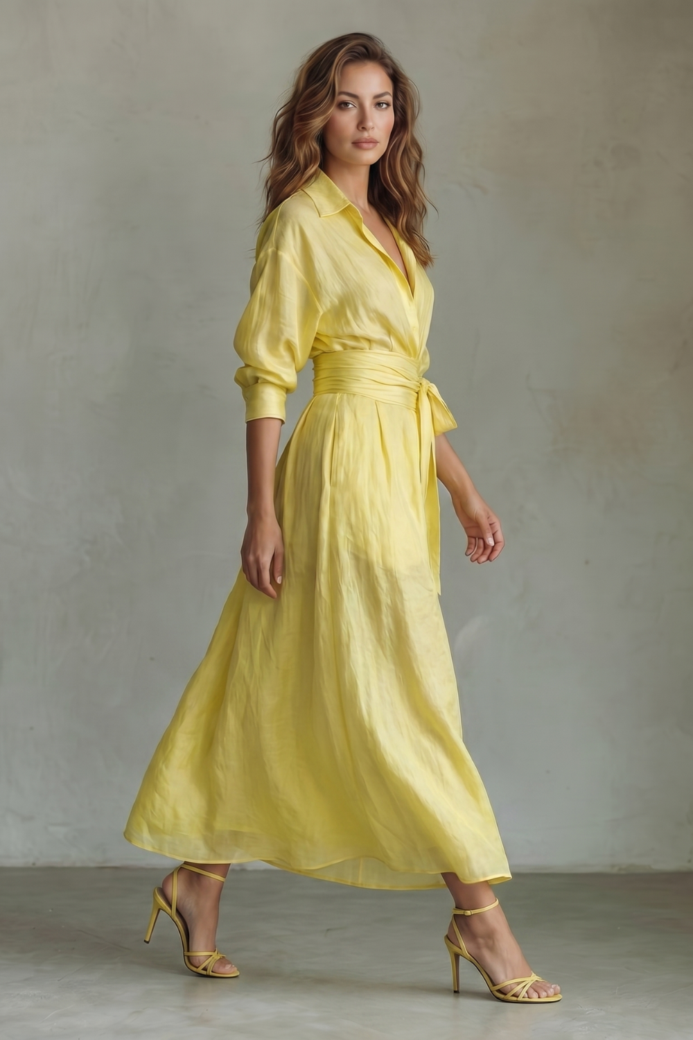 Elspeth | Maxi Shirt Dress Yellow Linen-Cotton Belted Wrap for Women